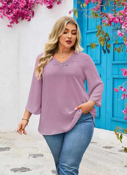Womens Plus Size Blouses Dressy Casual 3/4 Sleeve Elegant V Neck Floral Trim Ladies Tunics Tops Purple