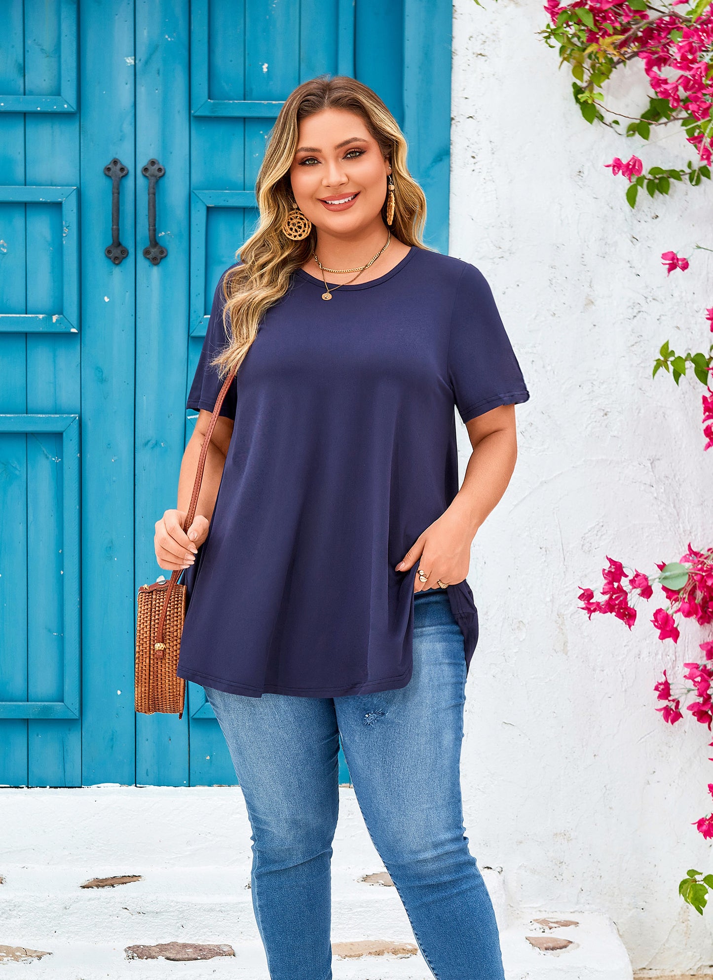 Womens Plus Size Tops Short Sleeve Swing Flare Flowy Tunic Loose Fit Summer Casual Blouses to Wear with Leggings Navy Blue Tunics Tops