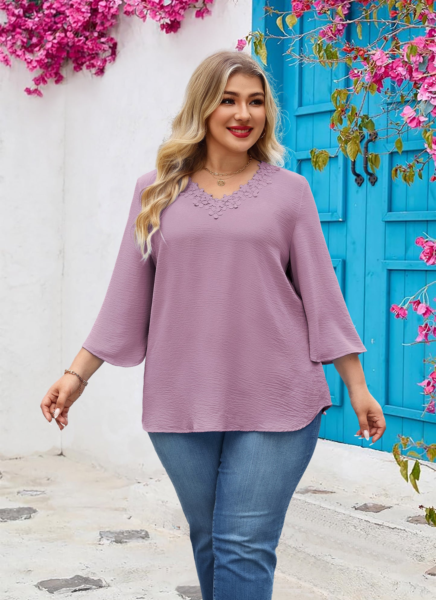 Womens Plus Size Blouses Dressy Casual 3/4 Sleeve Elegant V Neck Floral Trim Ladies Tunics Tops Purple