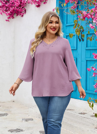 Womens Plus Size Blouses Dressy Casual 3/4 Sleeve Elegant V Neck Floral Trim Ladies Tunics Tops Purple