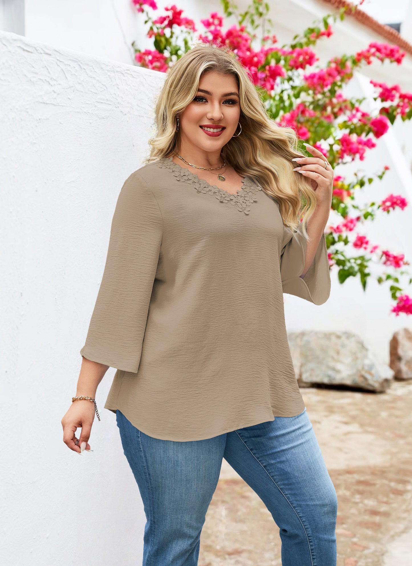 Womens Plus Size Blouses Dressy Casual 3/4 Sleeve Elegant V Neck Floral Trim Ladies Tunics Tops Khaki