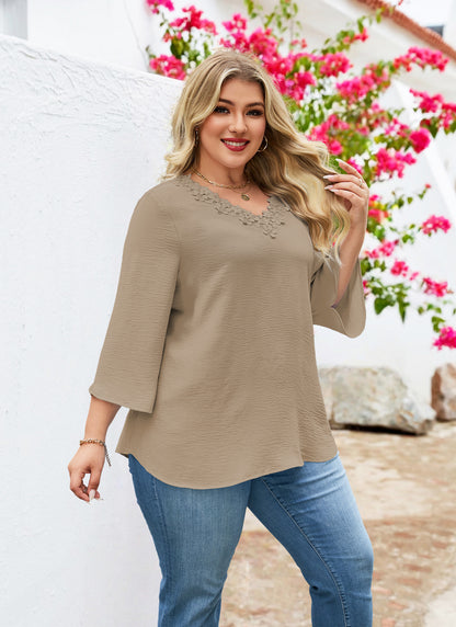 Womens Plus Size Blouses Dressy Casual 3/4 Sleeve Elegant V Neck Floral Trim Ladies Tunics Tops Khaki