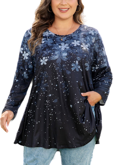 Womens Tunic 3/4 Sleeve Plus Size Tops Crew Neck Swing Flowy Loose Fit T-Shirt Blouses to Wear with Leggings Grey Black Floral Tops