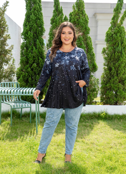 Womens Tunic 3/4 Sleeve Plus Size Tops Crew Neck Swing Flowy Loose Fit T-Shirt Blouses to Wear with Leggings Grey Black Floral Tops
