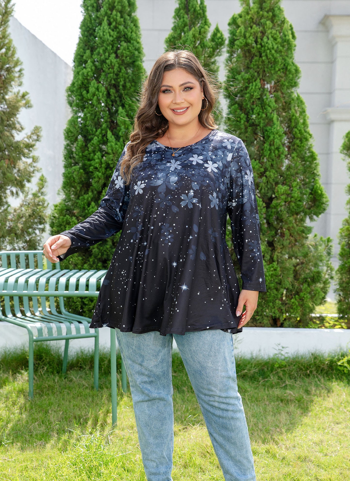 Womens Tunic 3/4 Sleeve Plus Size Tops Crew Neck Swing Flowy Loose Fit T-Shirt Blouses to Wear with Leggings Grey Black Floral Tops