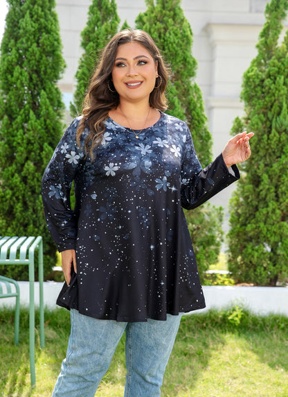 Womens Tunic 3/4 Sleeve Plus Size Tops Crew Neck Swing Flowy Loose Fit T-Shirt Blouses to Wear with Leggings Grey Black Floral Tops
