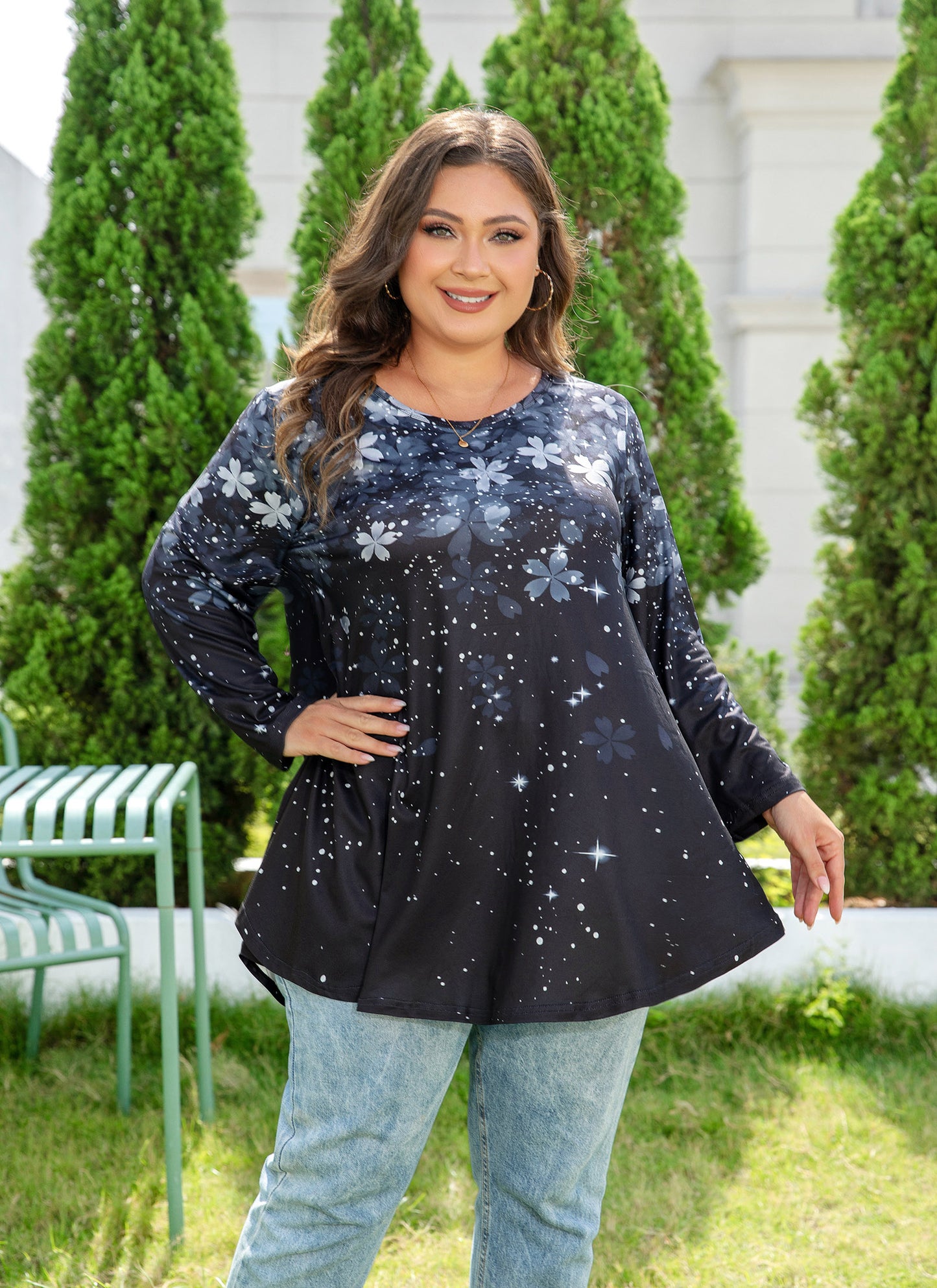 Womens Tunic 3/4 Sleeve Plus Size Tops Crew Neck Swing Flowy Loose Fit T-Shirt Blouses to Wear with Leggings Grey Black Floral Tops