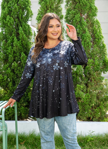 Womens Tunic 3/4 Sleeve Plus Size Tops Crew Neck Swing Flowy Loose Fit T-Shirt Blouses to Wear with Leggings Grey Black Floral Tops