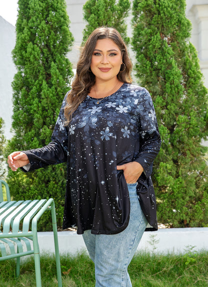 Womens Tunic 3/4 Sleeve Plus Size Tops Crew Neck Swing Flowy Loose Fit T-Shirt Blouses to Wear with Leggings Grey Black Floral Tops