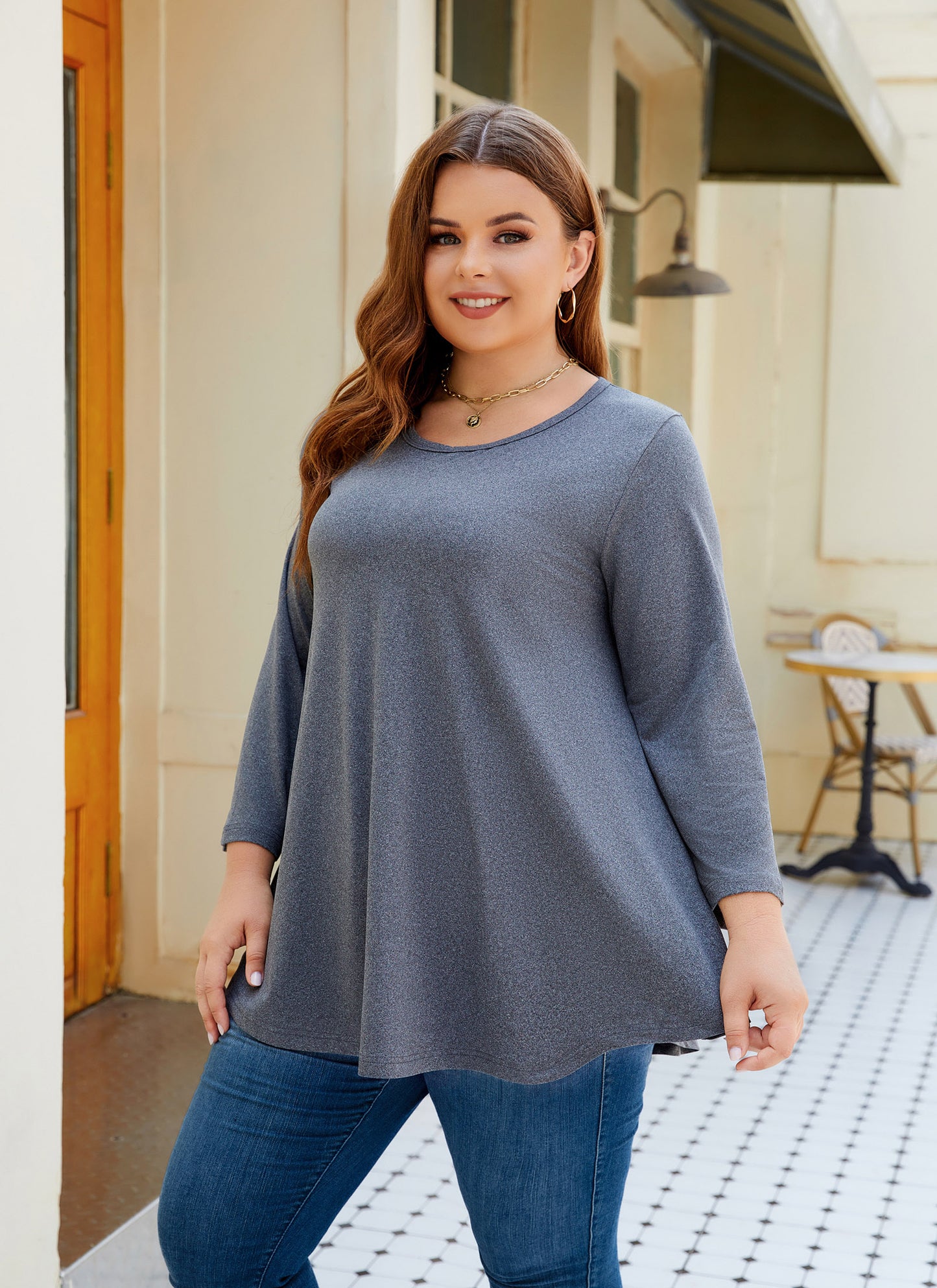 Womens Tops - Plus Size Tunics 3/4 Sleeve Loose Fit Dressy Casual Long Swing Flowy Lady Blouses Shirts Wear with Leggings Teals Blue Clothing A28 SATDG