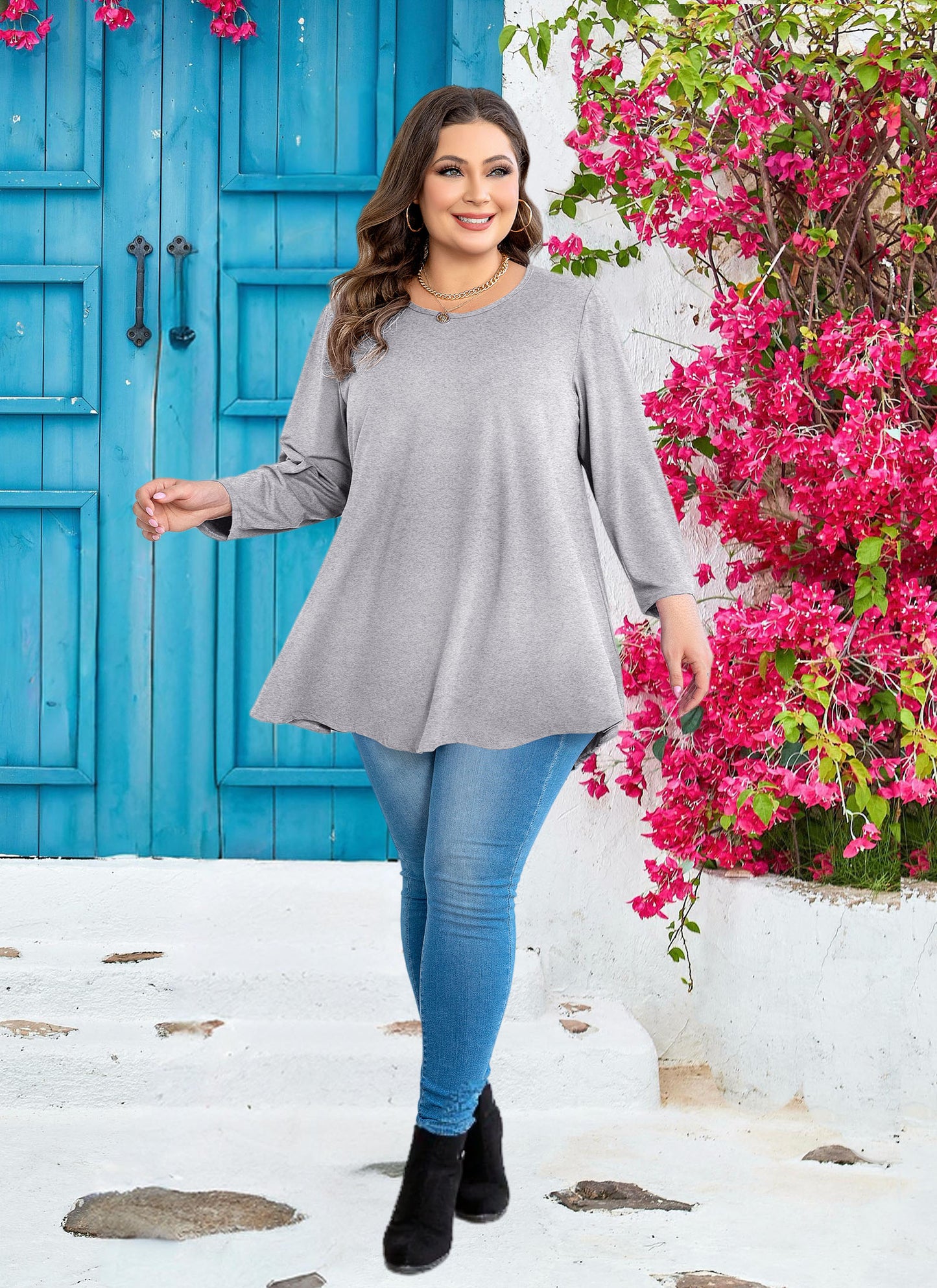 Womens Tunic Tops 3/4 Sleeve Plus Size Crew Neck Swing Flare Loose Fit T-Shirt Blouses to Wear with Leggings Grey Tunic Tops