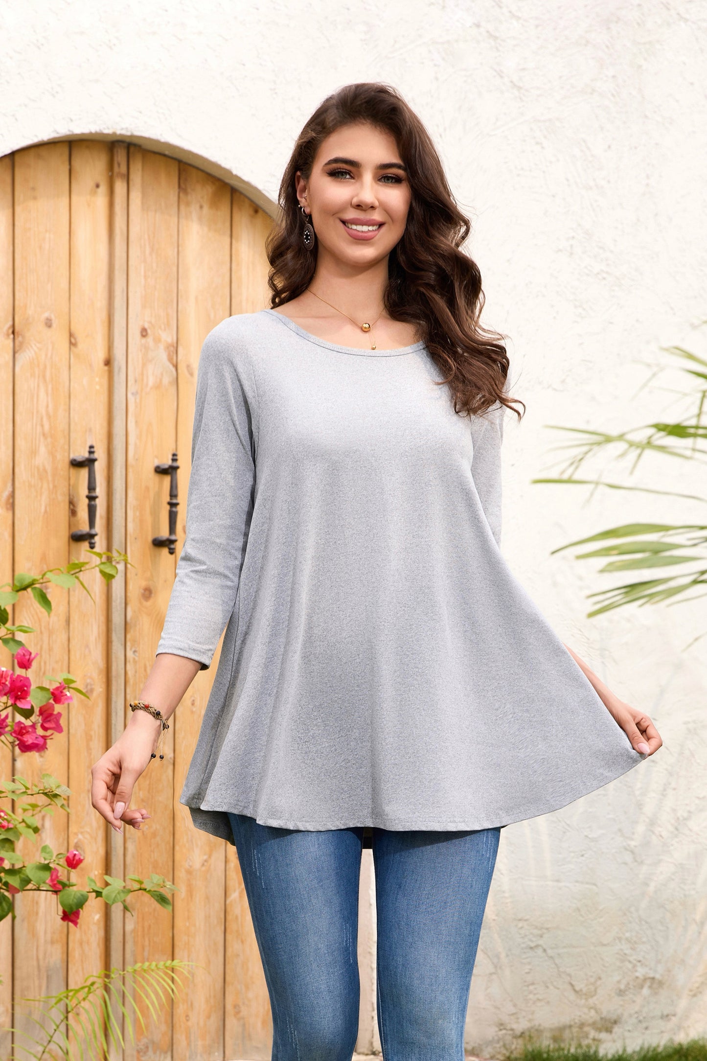 Womens Tunic Tops 3/4 Sleeve Plus Size Crew Neck Swing Flare Loose Fit T-Shirt Blouses to Wear with Leggings Grey Tunic Tops