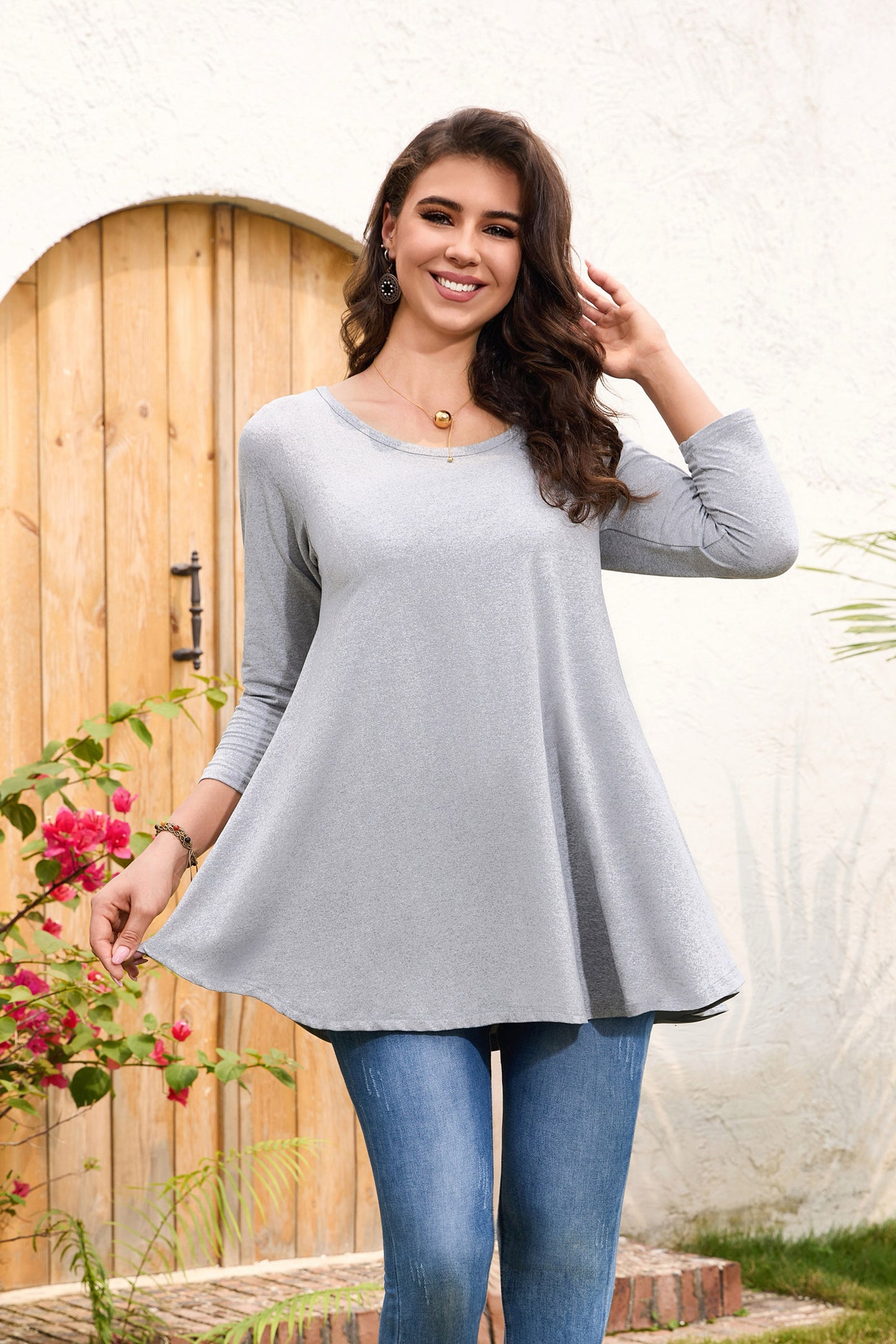 Womens Tunic Tops 3/4 Sleeve Plus Size Crew Neck Swing Flare Loose Fit T-Shirt Blouses to Wear with Leggings Grey Tunic Tops