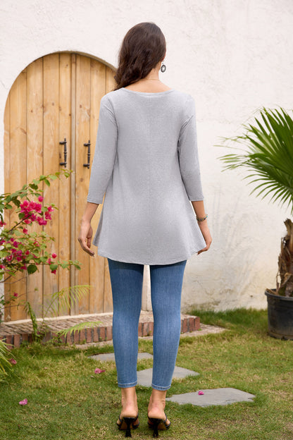 Womens Tunic Tops 3/4 Sleeve Plus Size Crew Neck Swing Flare Loose Fit T-Shirt Blouses to Wear with Leggings Grey Tunic Tops