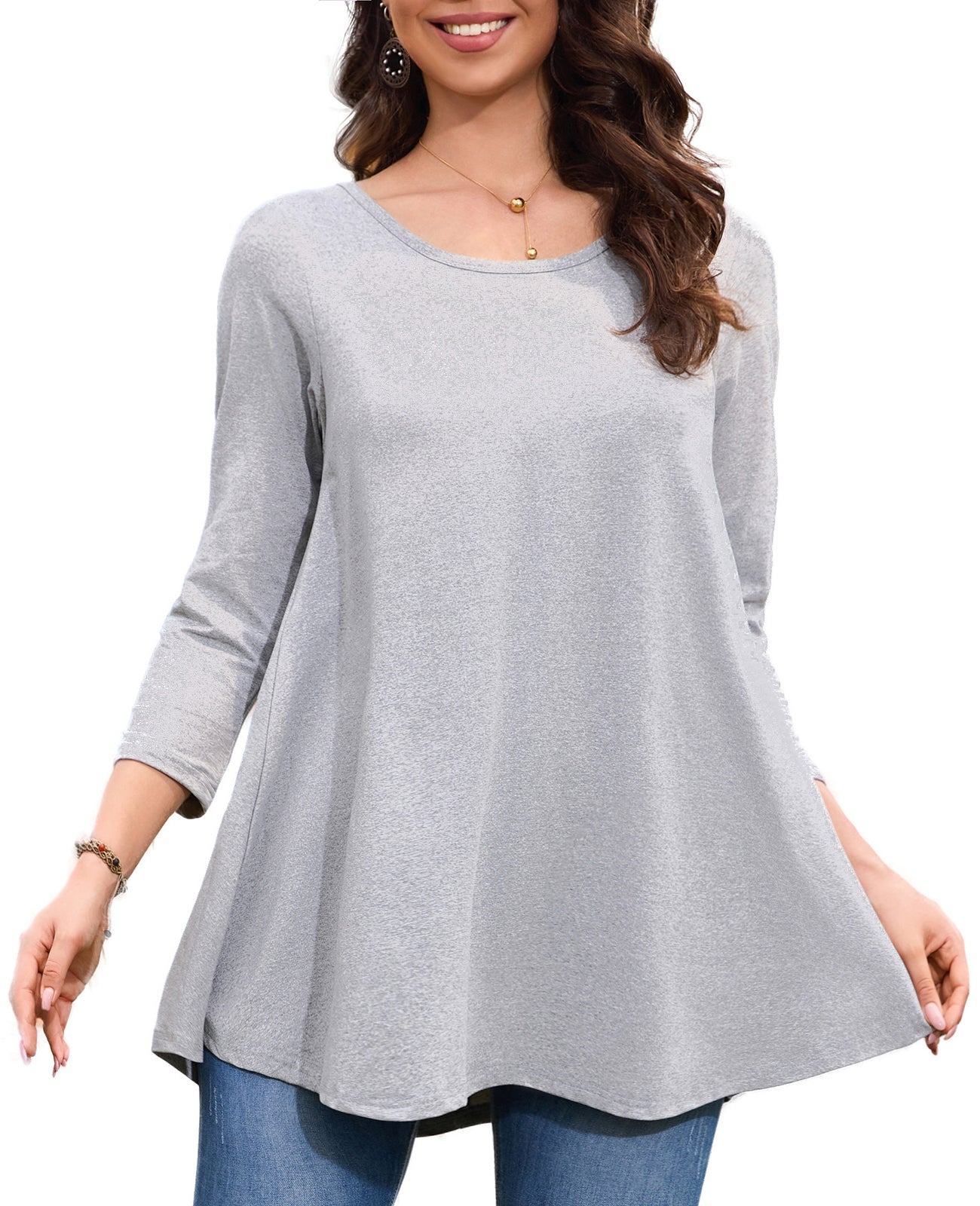 Womens Tunic Tops 3/4 Sleeve Plus Size Crew Neck Swing Flare Loose Fit T-Shirt Blouses to Wear with Leggings Grey Tunic Tops