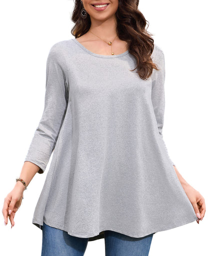 Womens Tunic Tops 3/4 Sleeve Plus Size Crew Neck Swing Flare Loose Fit T-Shirt Blouses to Wear with Leggings Grey Tunic Tops