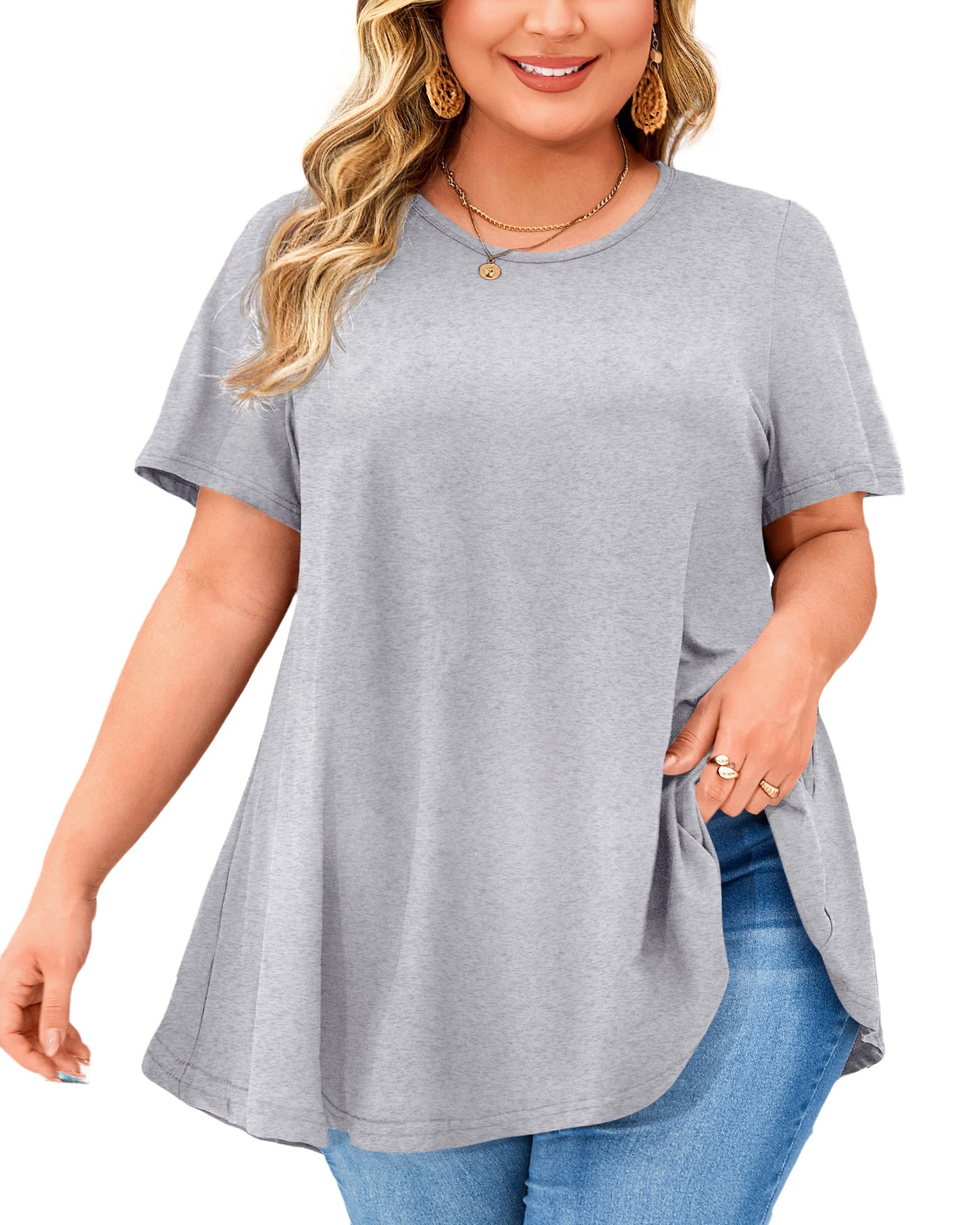Tunic Tops for Women Plus Size Short Sleeve Crew Neck Swing Flare Loose T-Shirt Blouses to Wear with Leggings B11 SATXG