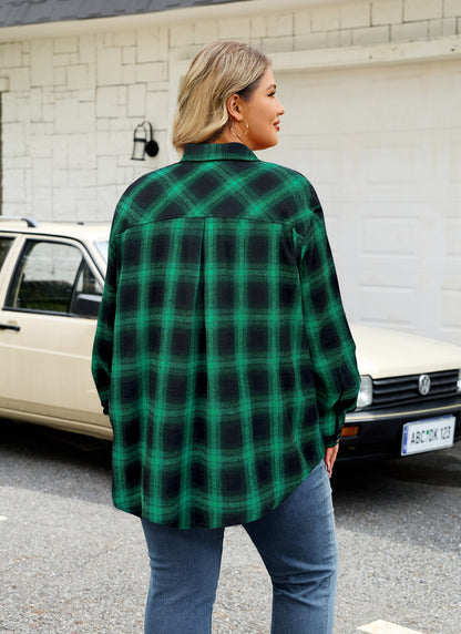 Womens Plus Size Flannel Shirts Long Sleeve Button Down Plaid Shirt Roll Up Oversize Checkered Blouse Top Fall F-01 Green Flannel Plaid Shirt