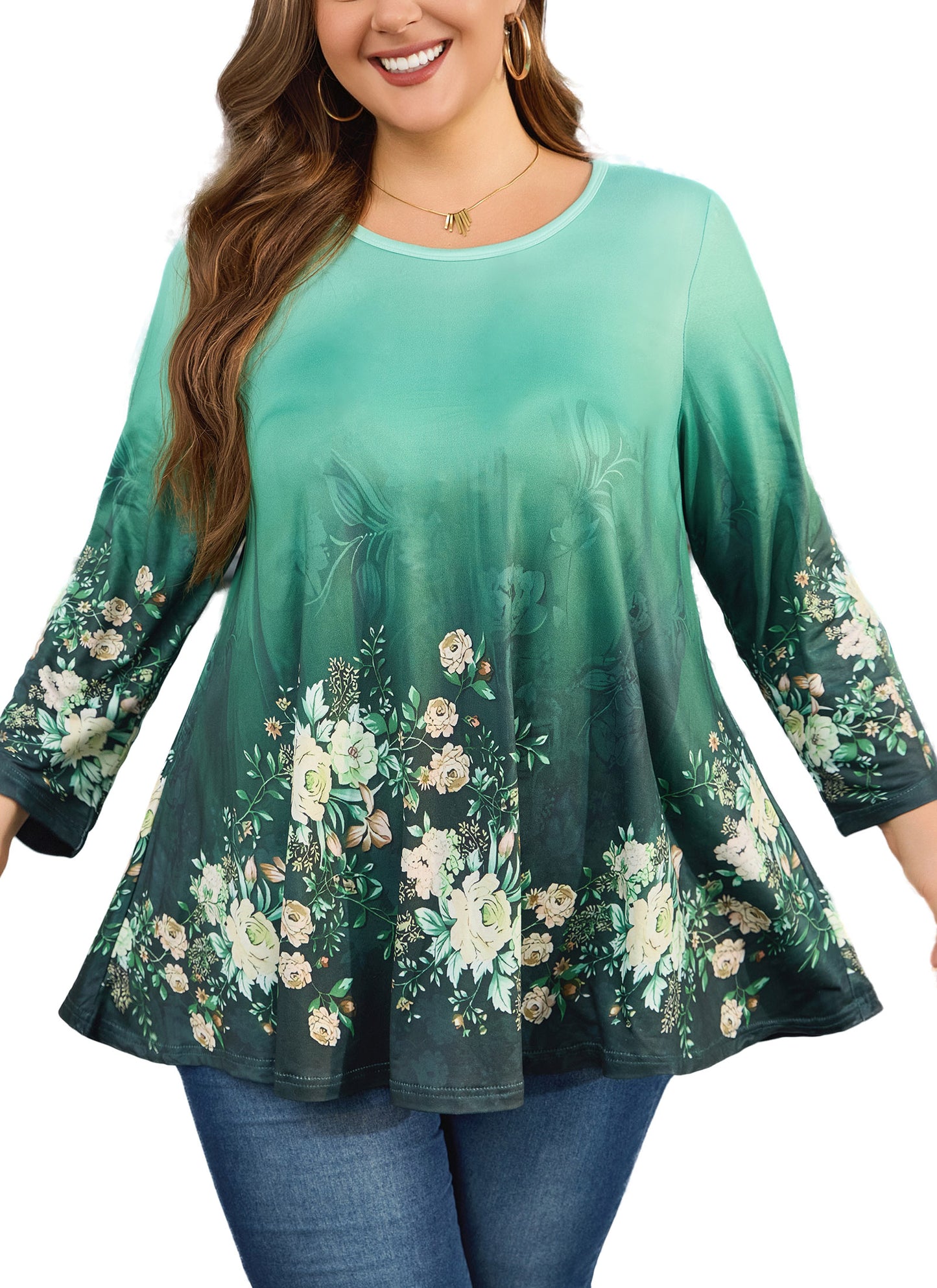 Womens Tunic 3/4 Sleeve Plus Size Tops Crew Neck Swing Flowy Loose Fit T-Shirt Blouses to Wear with Leggings Green Floral Tunics