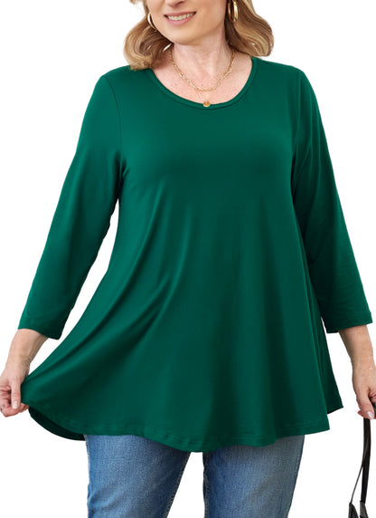 Womens Tunic Tops 3/4 Sleeve Plus Size Crew Neck Swing Flare Loose Fit T-Shirt Blouses to Wear with Leggings Long Tops Green