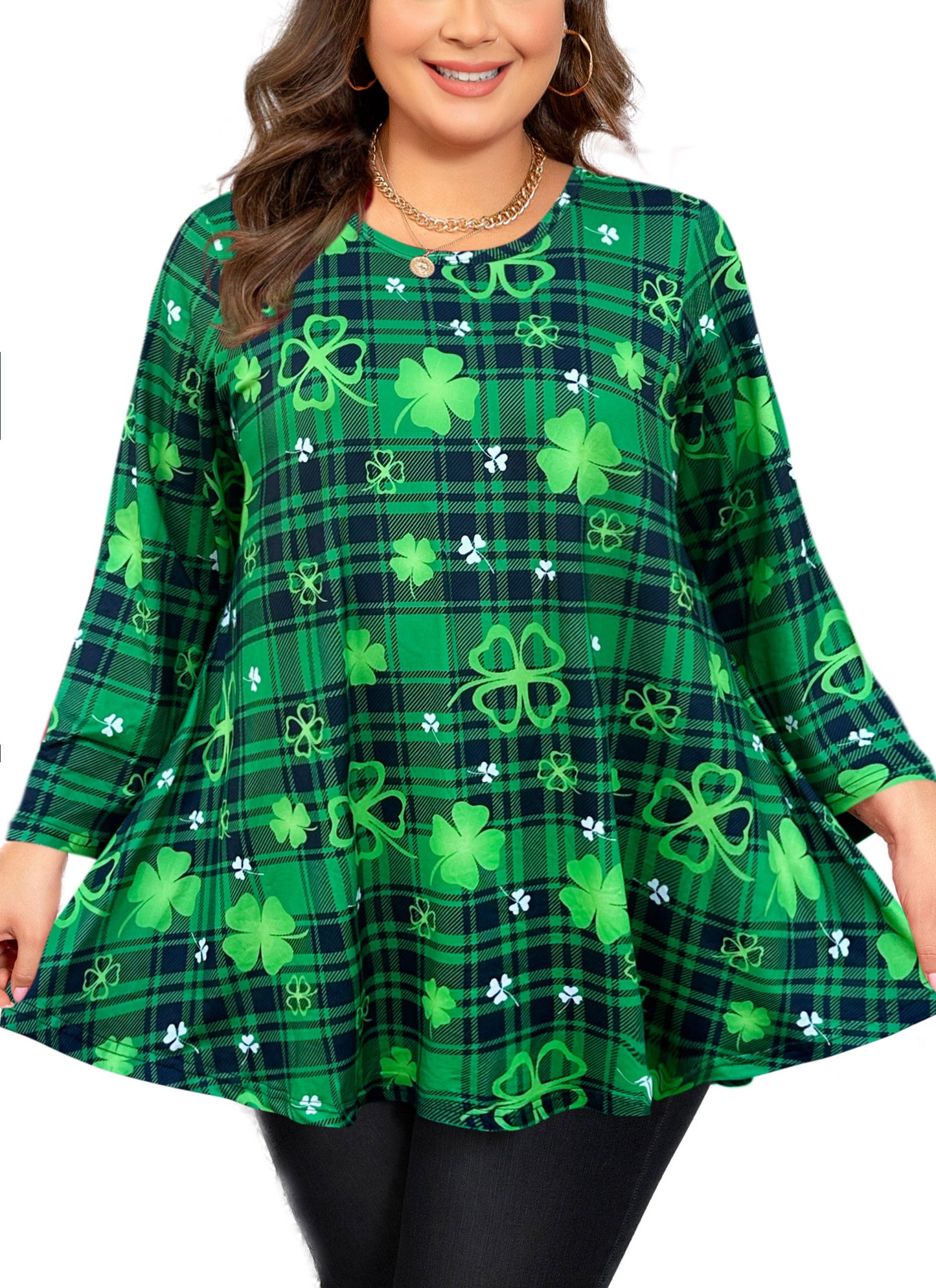 Womens Tunic Tops 3/4 Sleeve Plus Size Crew Neck Swing Flare Loose Fit T-Shirt Blouses to Wear with Leggings Tunics Green Leaf