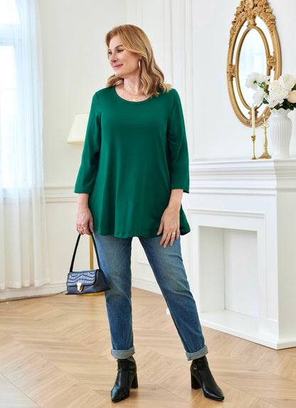 Womens Tunic Tops 3/4 Sleeve Plus Size Crew Neck Swing Flare Loose Fit T-Shirt Blouses to Wear with Leggings Long Tops Green