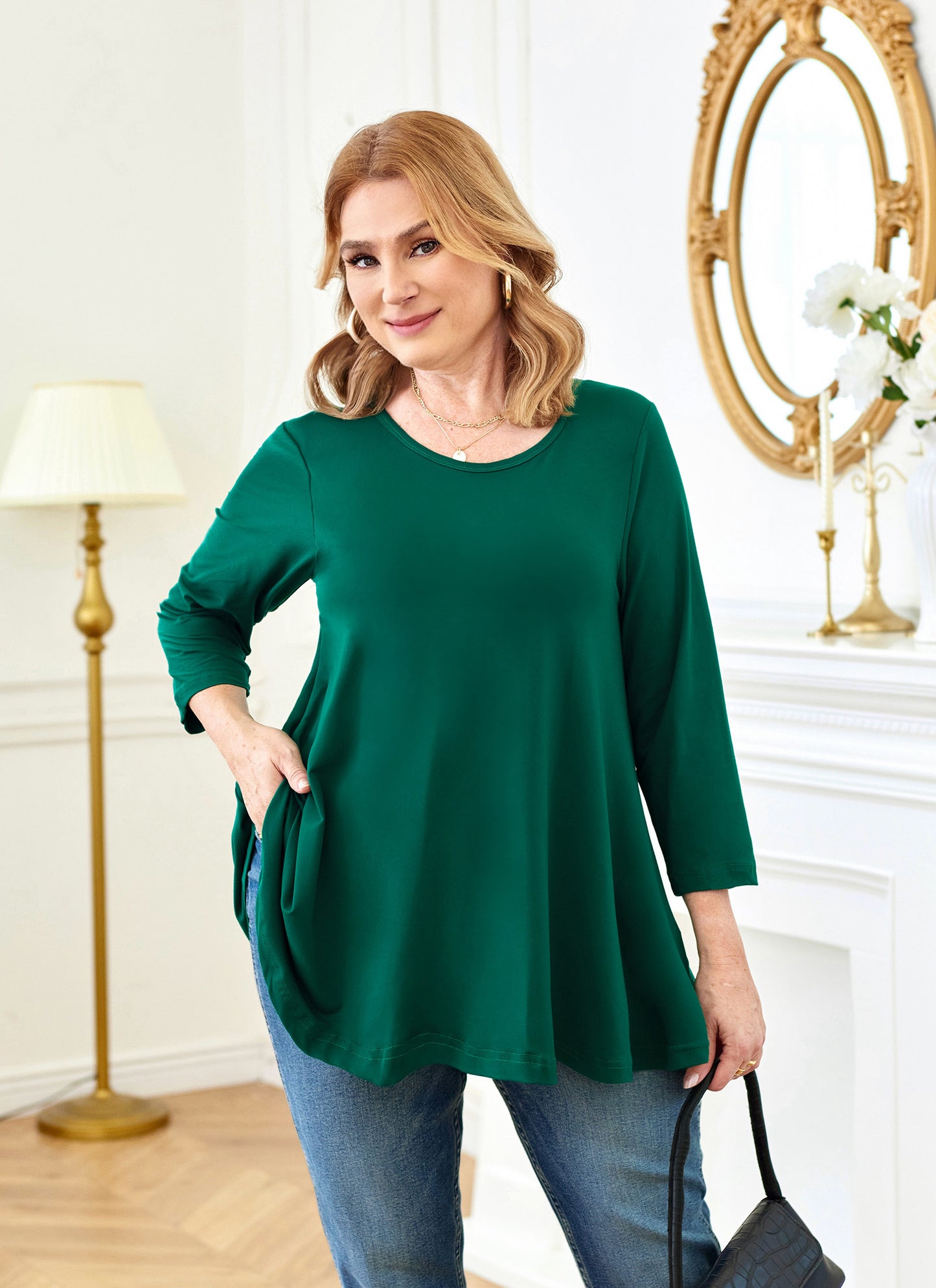 Womens Tunic Tops 3/4 Sleeve Plus Size Crew Neck Swing Flare Loose Fit T-Shirt Blouses to Wear with Leggings Long Tops Green