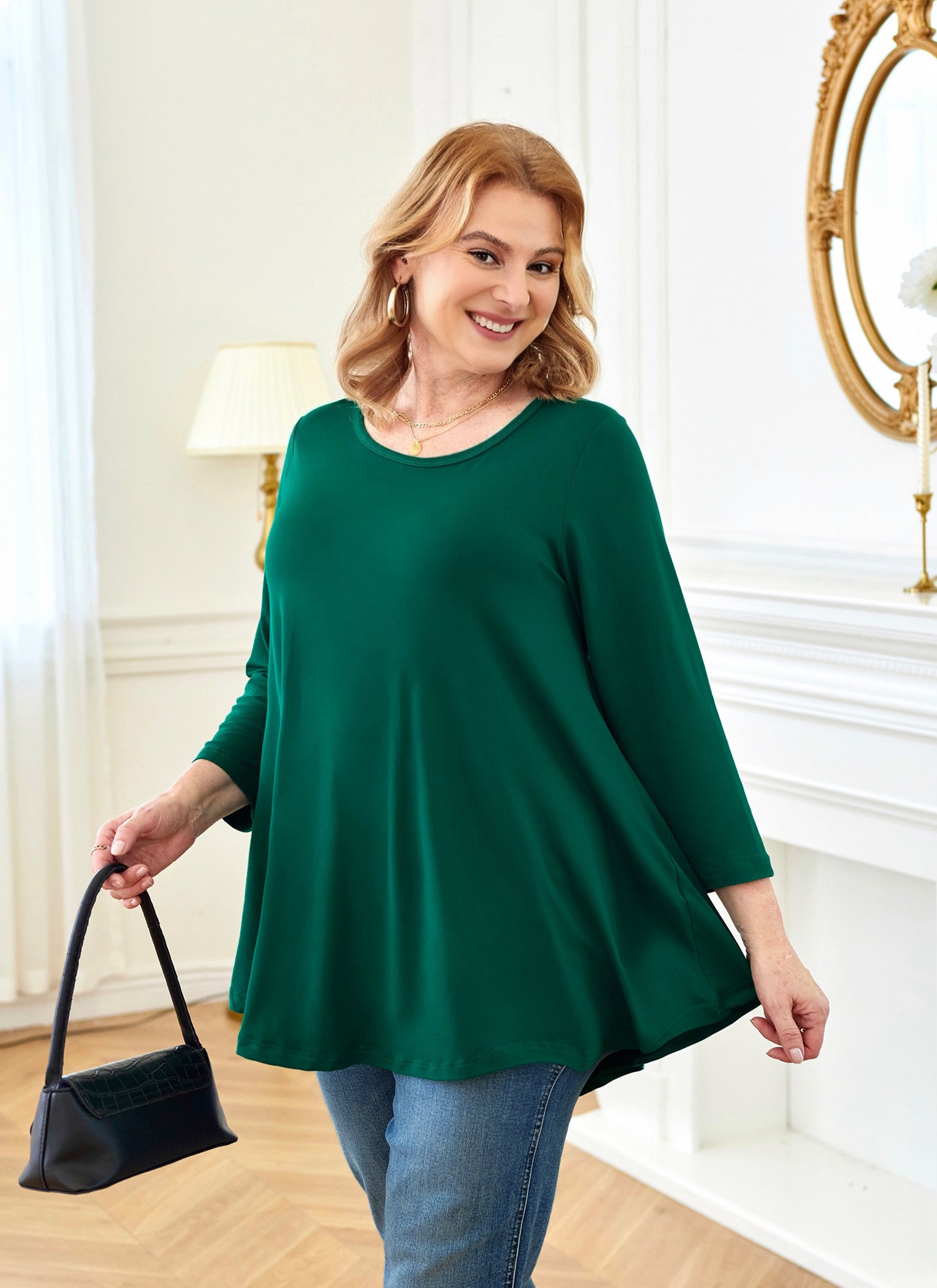 Womens Tunic Tops 3/4 Sleeve Plus Size Crew Neck Swing Flare Loose Fit T-Shirt Blouses to Wear with Leggings Long Tops Green
