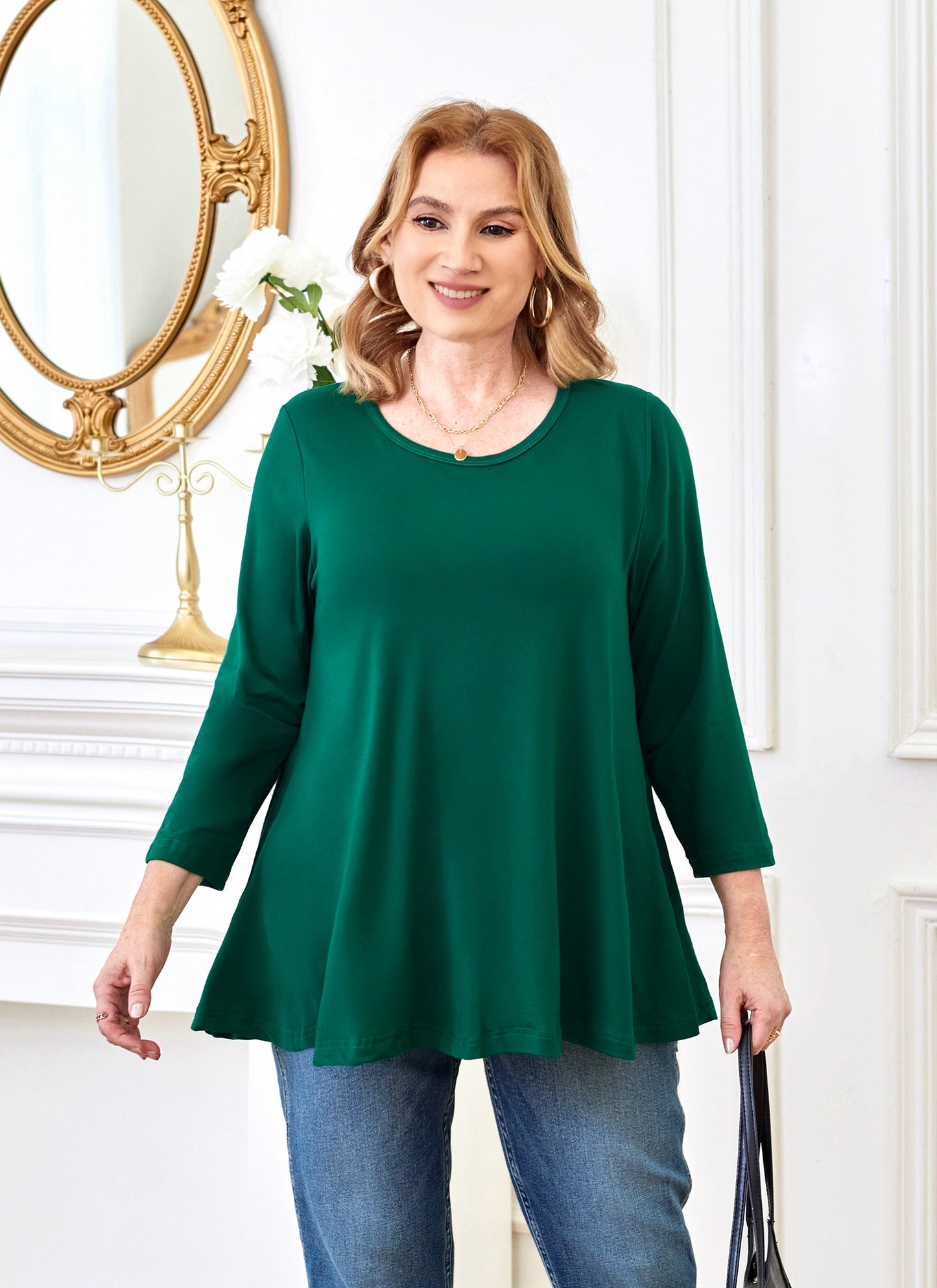 Womens Tunic Tops 3/4 Sleeve Plus Size Crew Neck Swing Flare Loose Fit T-Shirt Blouses to Wear with Leggings Long Tops Green