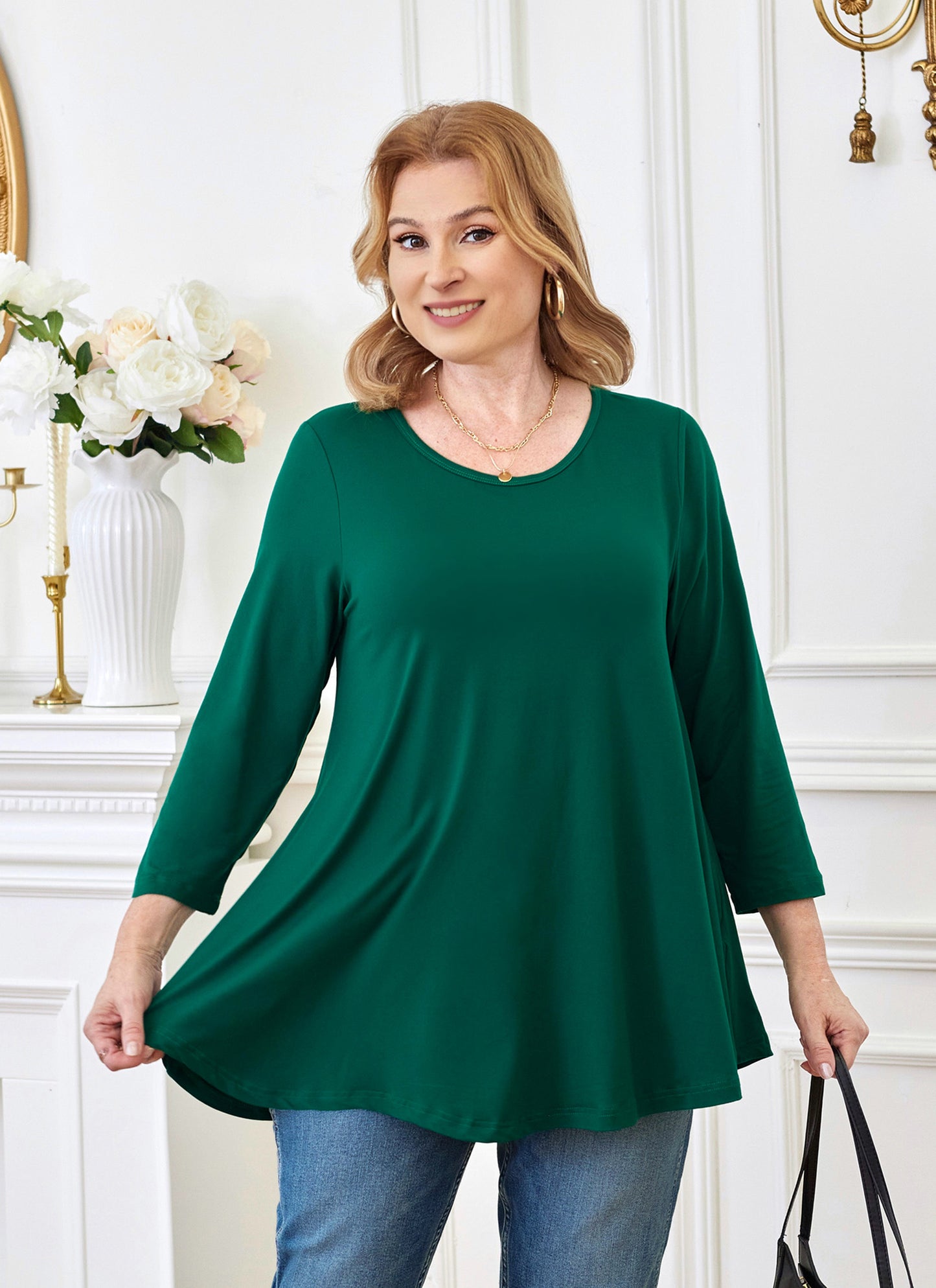 Womens Tunic Tops 3/4 Sleeve Plus Size Crew Neck Swing Flare Loose Fit T-Shirt Blouses to Wear with Leggings Long Tops Green