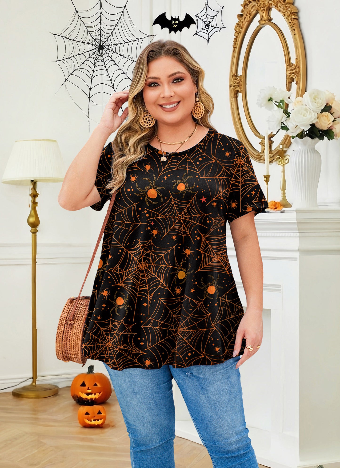 Womens Plus Size Tops Short Sleeve Swing Flare Flowy Tunic Loose Fit Summer Casual Blouses to Wear with Leggings Tunics Halloween Tops