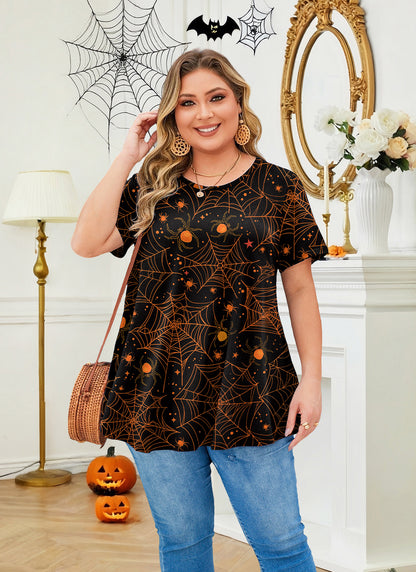 Womens Plus Size Tops Short Sleeve Swing Flare Flowy Tunic Loose Fit Summer Casual Blouses to Wear with Leggings Tunics Halloween Tops