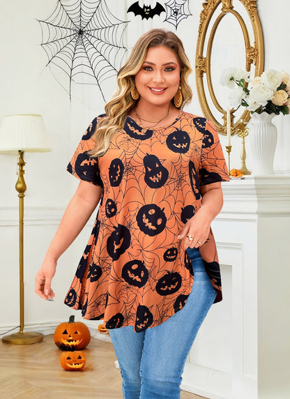 Tunic Tops for Women Plus Size Short Sleeve Crew Neck Swing Flare Loose T-Shirt Blouses to Wear with Leggings Halloween Tops Black Yellow