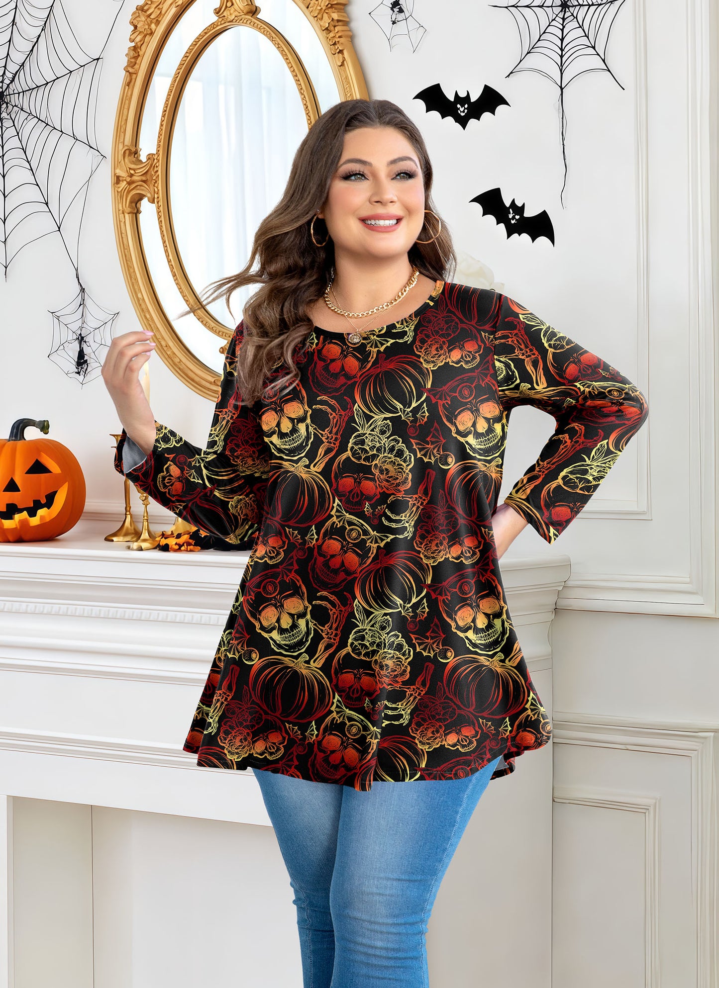 Womens Tunic 3/4 Sleeve Plus Size Tops Crew Neck Swing Flowy Loose Fit T-Shirt Blouses to Wear with Leggings Plus Size Tops Halloween