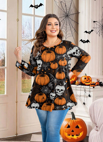 Woman wearing a Halloween-themed sweater with pumpkins and ghosts in a decorated room.