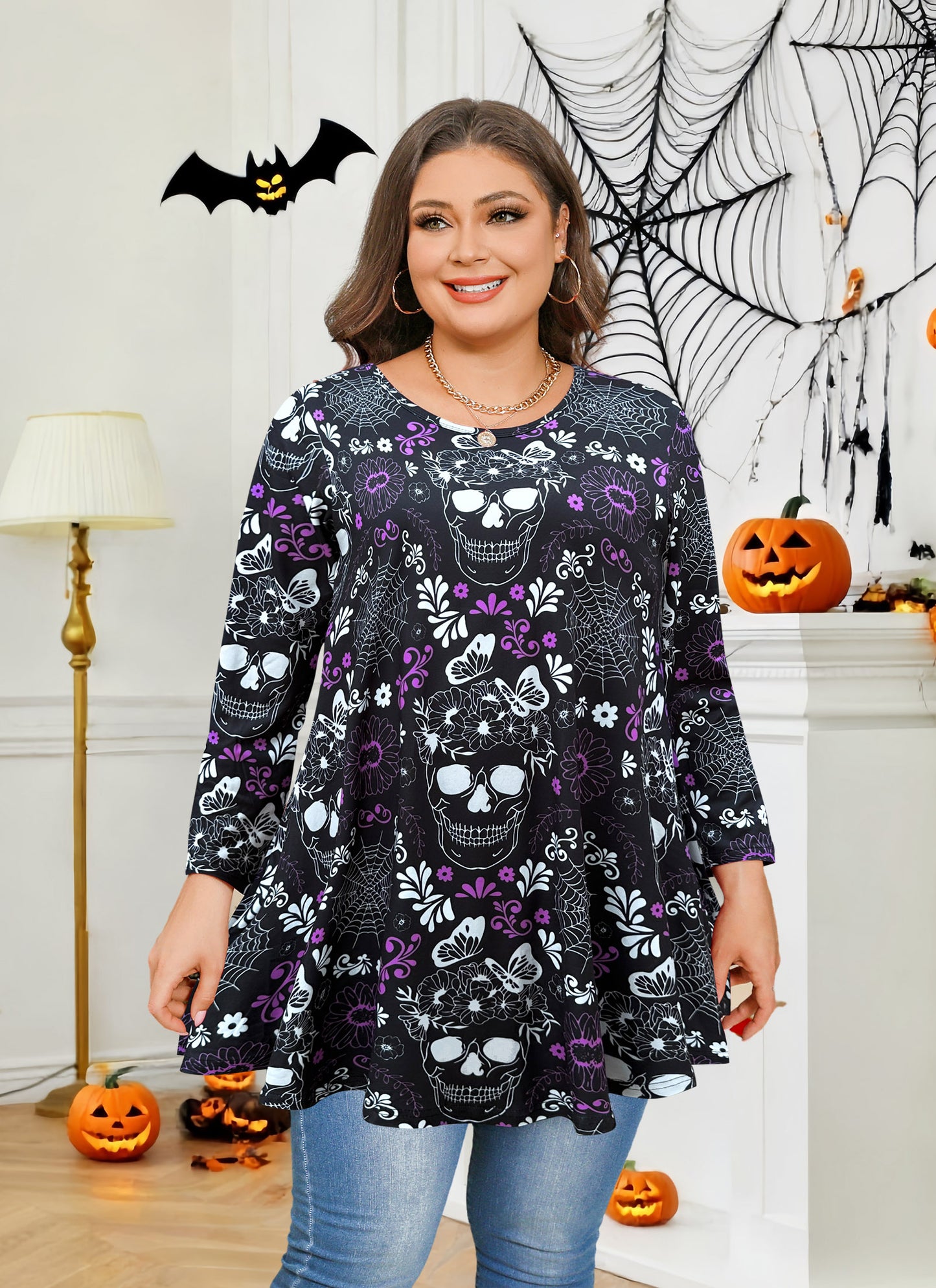 Womens Tunic Tops 3/4 Sleeve Plus Size Crew Neck Swing Flare Loose Fit T-Shirt Blouses to Wear with Leggings Tunic Halloween Pattan