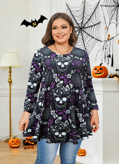 Womens Tunic Tops 3/4 Sleeve Plus Size Crew Neck Swing Flare Loose Fit T-Shirt Blouses to Wear with Leggings Tunic Halloween Pattan