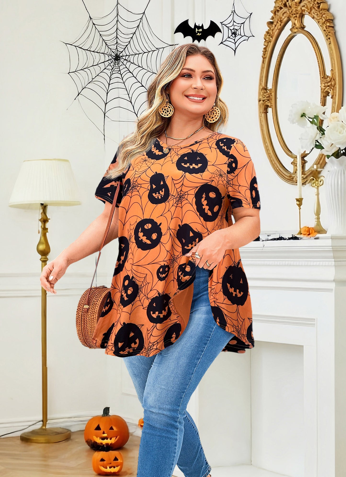 Tunic Tops for Women Plus Size Short Sleeve Crew Neck Swing Flare Loose T-Shirt Blouses to Wear with Leggings Halloween Tops Black Yellow