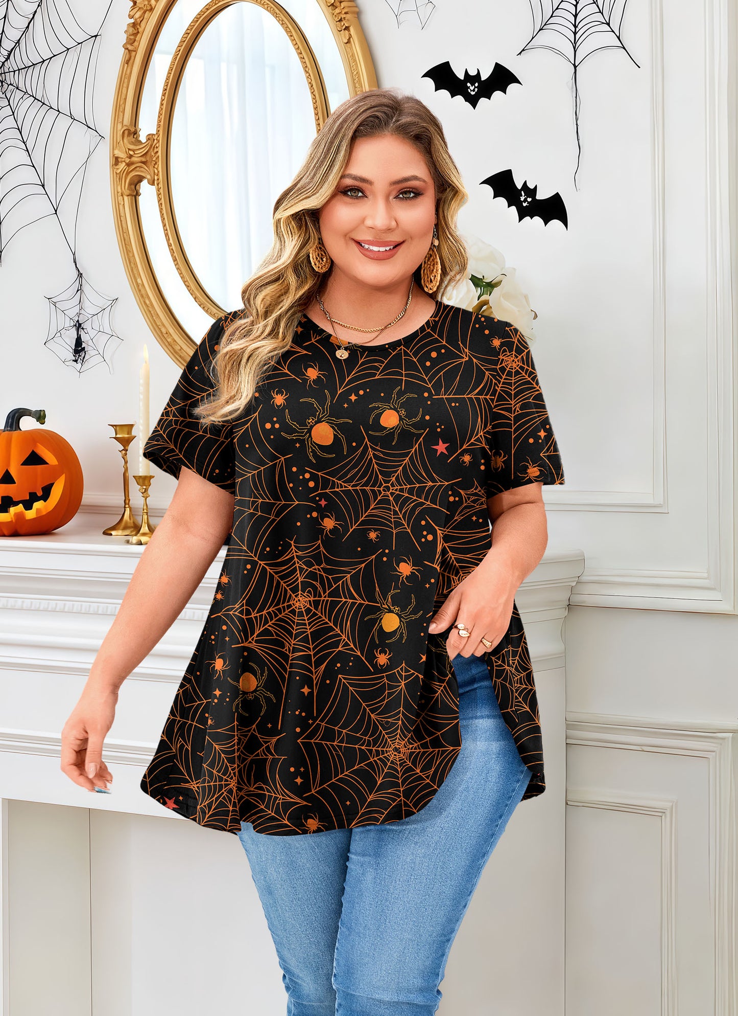 Womens Plus Size Tops Short Sleeve Swing Flare Flowy Tunic Loose Fit Summer Casual Blouses to Wear with Leggings Tunics Halloween Tops