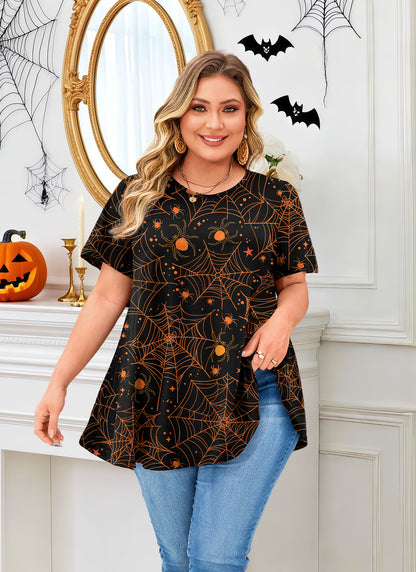 Womens Plus Size Tops Short Sleeve Swing Flare Flowy Tunic Loose Fit Summer Casual Blouses to Wear with Leggings Tunics Halloween Tops