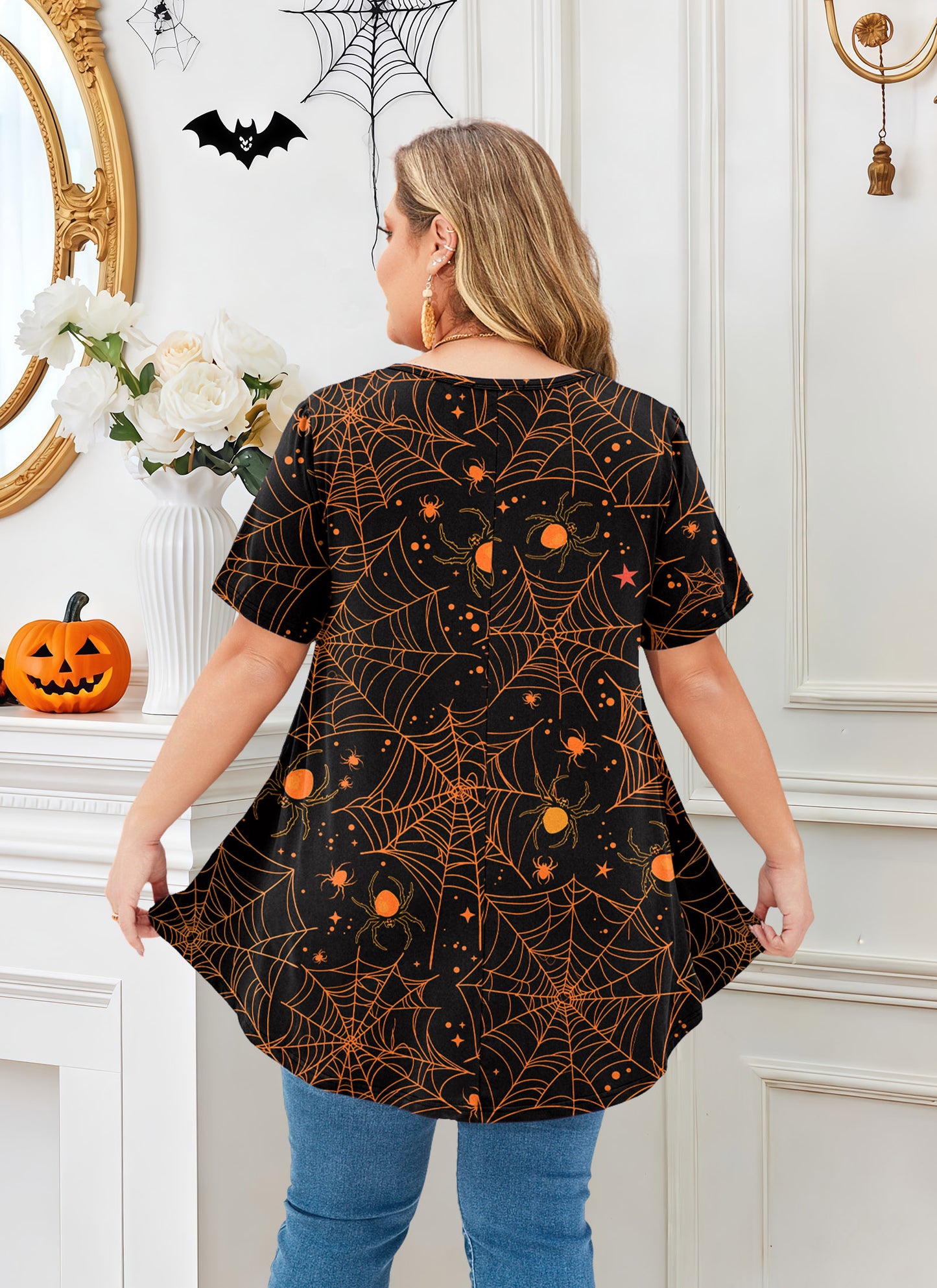 Womens Plus Size Tops Short Sleeve Swing Flare Flowy Tunic Loose Fit Summer Casual Blouses to Wear with Leggings Tunics Halloween Tops