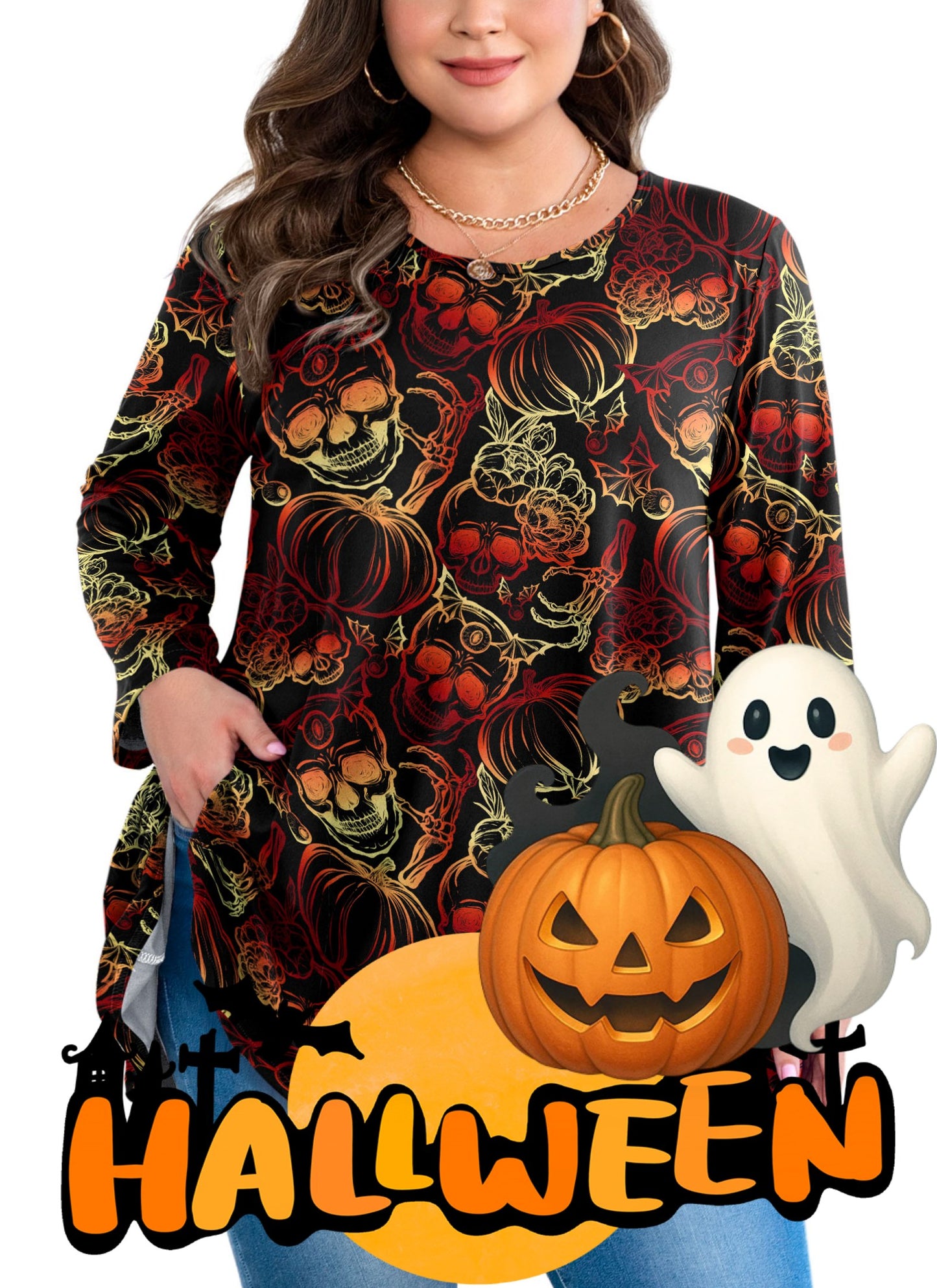 Womens Tunic 3/4 Sleeve Plus Size Tops Crew Neck Swing Flowy Loose Fit T-Shirt Blouses to Wear with Leggings Plus Size Tops Halloween