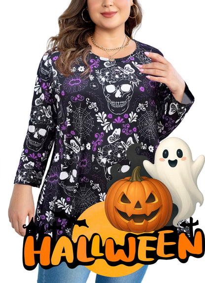 Womens Tunic Tops 3/4 Sleeve Plus Size Crew Neck Swing Flare Loose Fit T-Shirt Blouses to Wear with Leggings Tunic Halloween Pattan