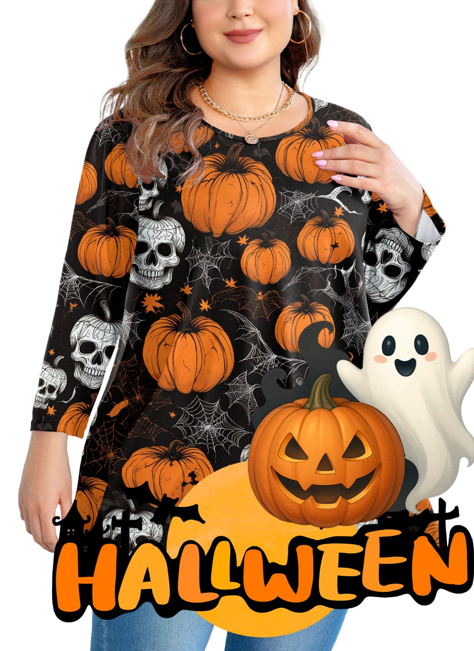 Woman wearing a Halloween-themed dress with pumpkins and ghosts, surrounded by cartoon graphics.