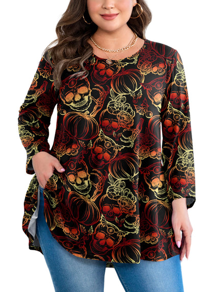Womens Tunic 3/4 Sleeve Plus Size Tops Crew Neck Swing Flowy Loose Fit T-Shirt Blouses to Wear with Leggings Plus Size Tops Halloween