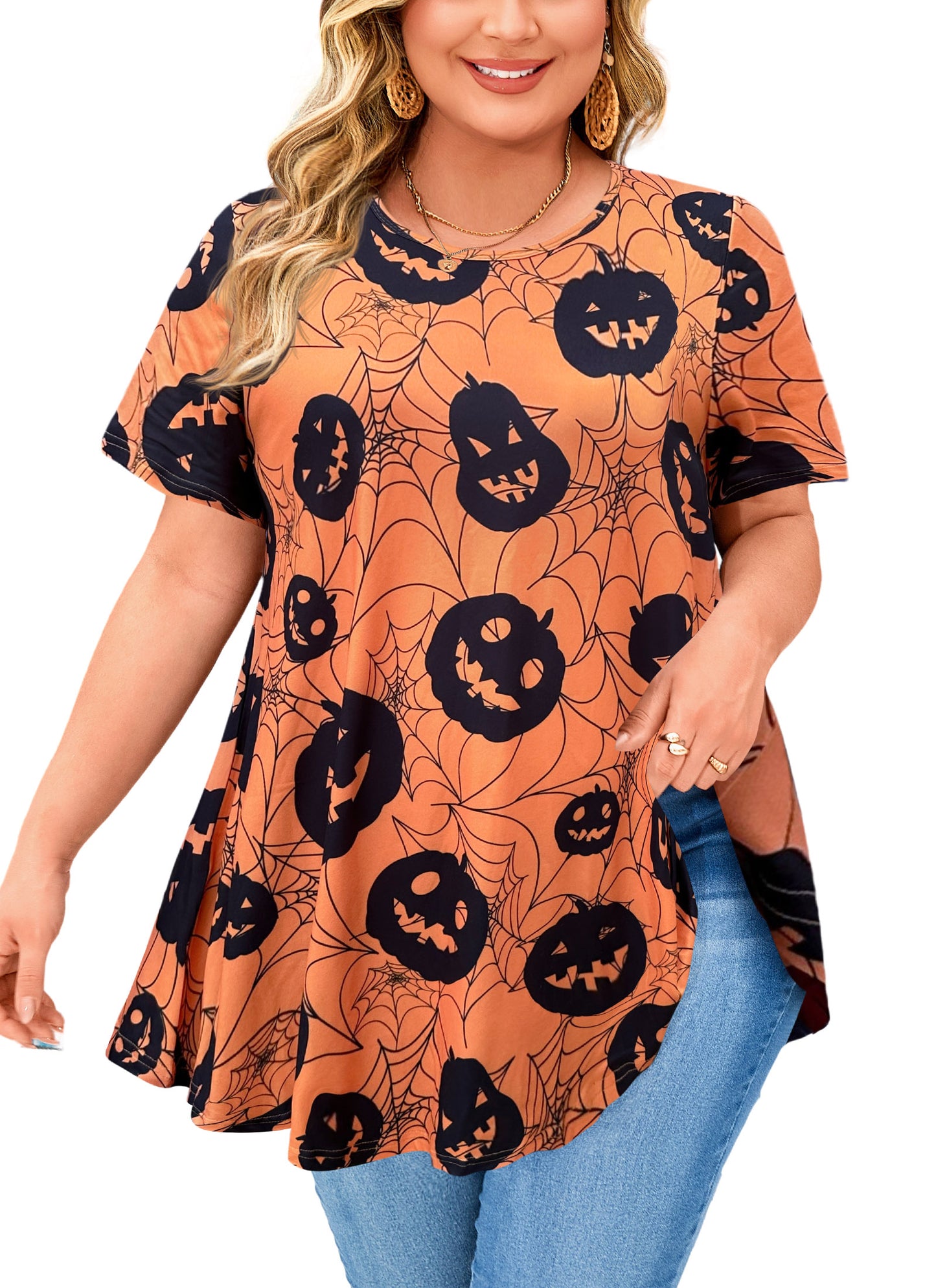 Tunic Tops for Women Plus Size Short Sleeve Crew Neck Swing Flare Loose T-Shirt Blouses to Wear with Leggings Halloween Tops Black Yellow