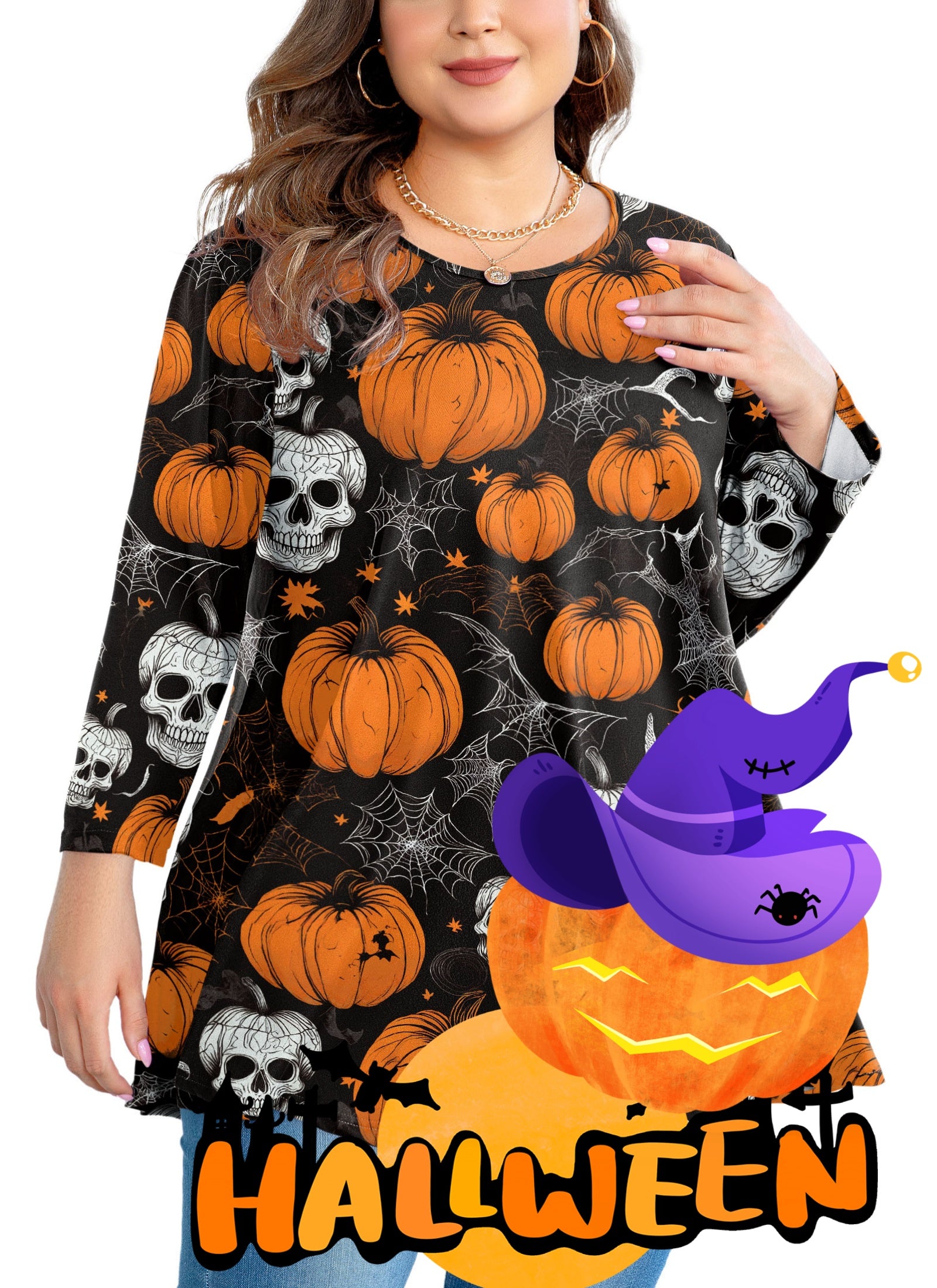 Woman wearing a Halloween-themed dress with pumpkins and skulls, with a ghost and pumpkin graphic overlay.