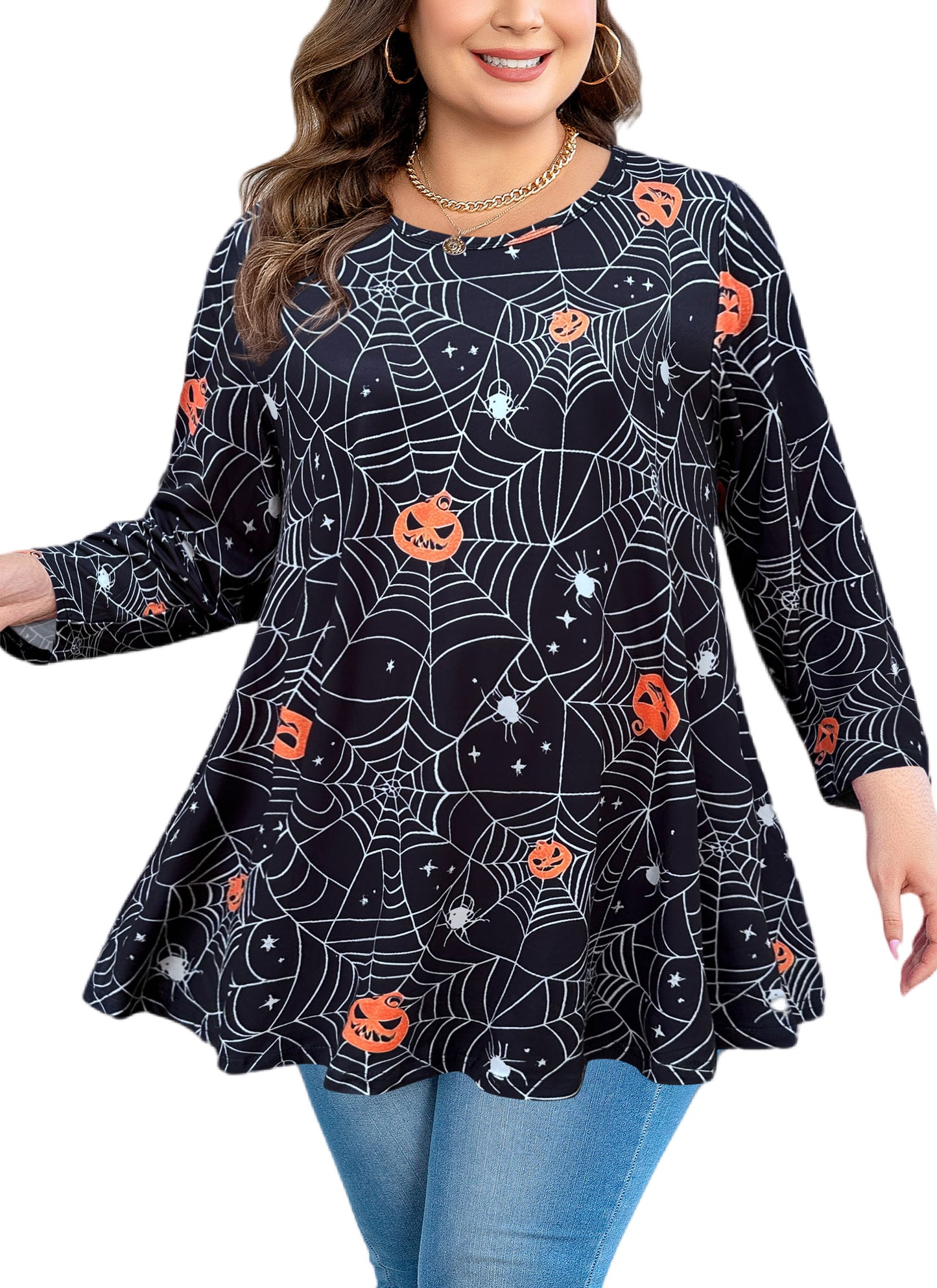 Womens Tunic 3/4 Sleeve Plus Size Tops Crew Neck Swing Flowy Loose Fit T-Shirt Blouses to Wear with Leggings Tunic Tops Halloween Pattan