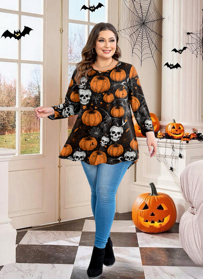 Woman wearing a Halloween-themed dress with pumpkins and skulls in a decorated room.