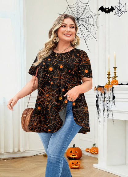 Womens Plus Size Tops Short Sleeve Swing Flare Flowy Tunic Loose Fit Summer Casual Blouses to Wear with Leggings Tunics Halloween Tops